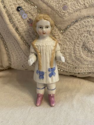 Rare Antique Civil War Era 3.  5” Frozen Charlotte China Doll Molded Dress Braids