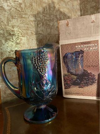 Vintage Blue Purple Harvest Grape Carnival Glass Water Pitcher W/original Box
