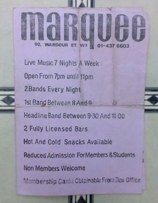 Marquee Club 1978 Artists Listing Flyer Adam & The Ants Rezillos 2