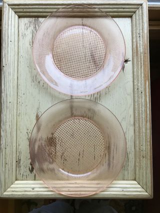 (2) Jeanette Pink Depression Glass Homespun Fine Rib 9 1/4” Dinner Plates