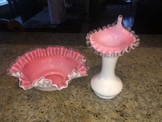 Vintage Fenton Pink And White Ruffle Edged Vases.