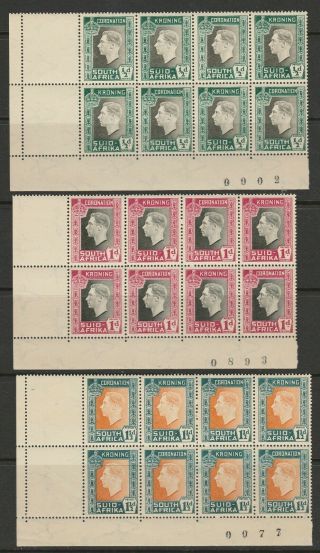 South Africa 1937 George Vi Coronation Set Mnh Blocks X8 With Sheet Numbers