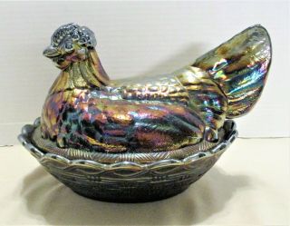 Fenton Iridescent Amethyst Carnival Glass Chicken Hen On Nest Candy Dish