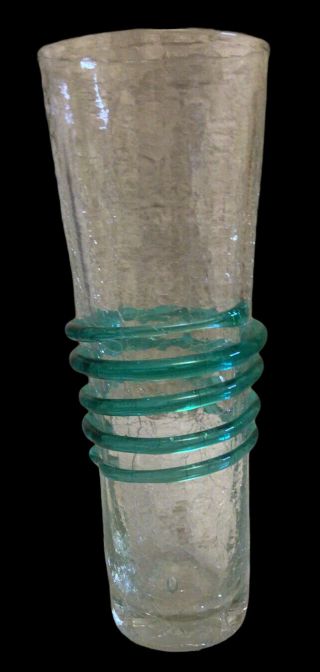 Blenko Hand Blown Crackle Art Glass Cylinder Vase Sea Green Swirl
