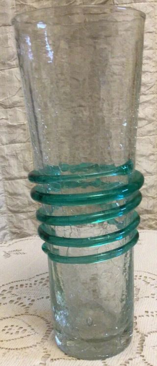 Blenko Hand Blown Crackle Art Glass Cylinder Vase Sea Green Swirl 2