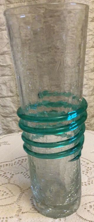 Blenko Hand Blown Crackle Art Glass Cylinder Vase Sea Green Swirl 3