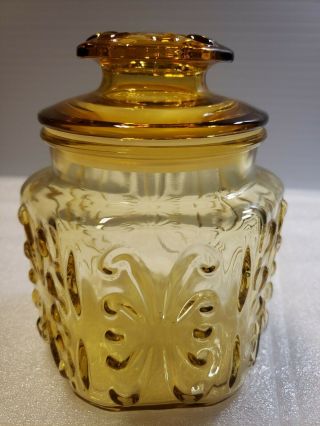 Vintage LE Smith Scroll Pattern Amber Glass Jar Canister 2