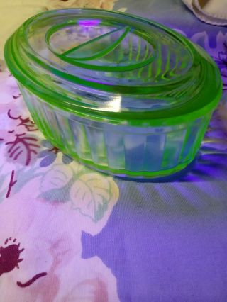 Vintage Green Depression Vaseline Uranium Glass Oval Dish With Lid 6 " L