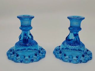 2 Vintage Westmoreland Blue Glass Doric Lace Candlestick Candle Holders