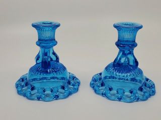 2 Vintage Westmoreland Blue Glass doric Lace Candlestick Candle Holders 2