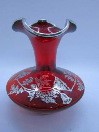 Viking Vintage Ruby Glass With Ruffled Top And Silver Hampton Pattern Overlay