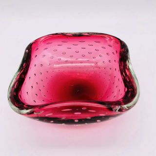 Vintage Art Glass Bullicante Controlled Bubble Cranberry Murano Square Bowl Dish