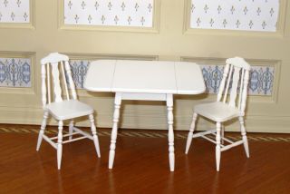 Carlisle White Drop Leaf Kitchen Table & 2 Chairs Artisan Dollhouse Miniature