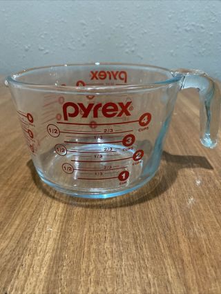 Pyrex Glass 4 Cup/1 Quart/1 Liter Measuring Cup Open Handle Red Letters 2