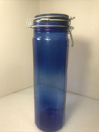 Vintage Cobalt Blue Glass 12 - Panel Canister Jar W/ Wire Bail 13”