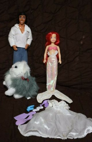 Disney Princess Ariel Wedding Doll And Prince Eric With Dog Max.  Out In 1997.