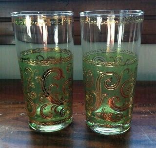 Vintage Culver Baroque Green Highball Glasses Set Of 2