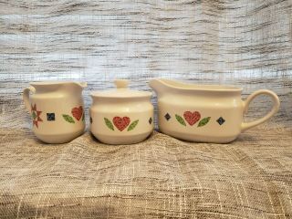 Corning Life Styles Heart And Quilt Sugar Bowl,  Creamer,  And Gravy Boat Set