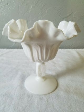 Vintage Fenton Milk Glass Cactus Pattern Compote With Ruffled Top