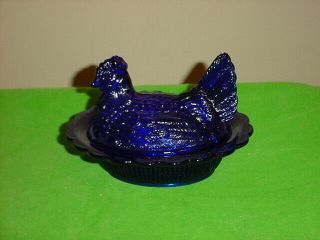 Vintage Hen On Nest Cobalt Blue Dish Moser Glass