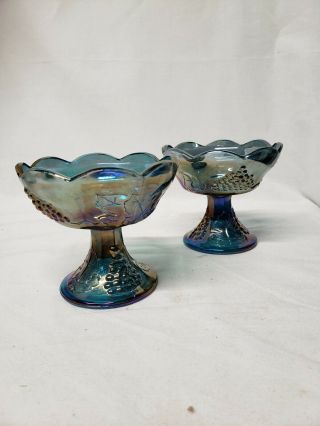 Vintage Indiana Carnival Glass Blue Harvest Grape Candle Holder Set Of 2