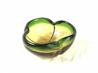 Heavy Pinched Glass Amber To Green Studio Art Hand Crafted Dish Bowl,  Vintage
