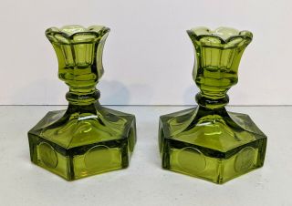 Vintage Pair Fostoria Liberty Bell Green Coin Glass Candle Holders Candlesticks