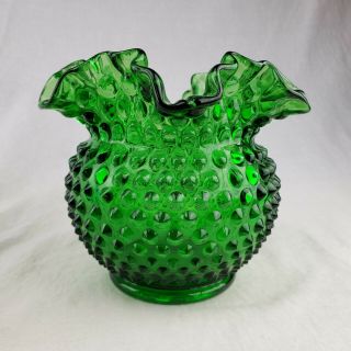 Vintage Christmas Fenton Glass Springtime Green Hobnail 5.  5” Squat Vase RoseBowl 2