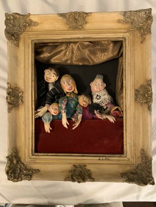 Vintage German Art Doll Sculpture In Theater Diorama Folk Art Ornate Wood Frame