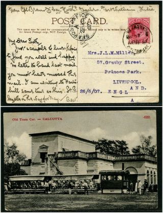 India Ke7 1907 Postcard Calcutta To Liverpool With Sea Post Office Mark Tram Car
