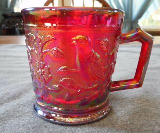 Imperial Sunset Ruby Red Carnival Glass 670 Robin Pattern 210 Mug
