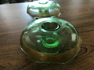 Vintage Uranium? Green Depression Glass Candle Stick Holders Gold Trim Etched