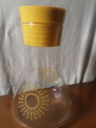 Vintage Pyrex Juice Decanter Glass Atomic Sunburst Pitcher Carafe Gold Yellow