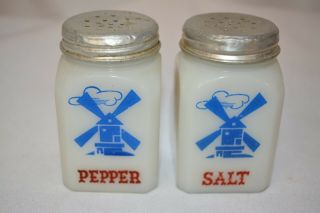 Vintage White Milk Glass Salt & Pepper Shakers Windmill Design Antique