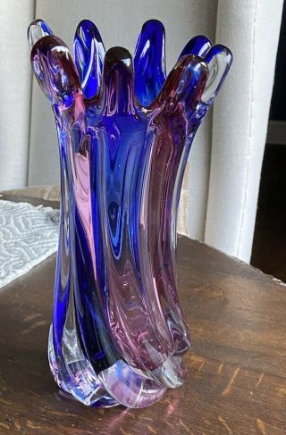 Art Glass Vase Heavy Finger Hand Blown Shades Of Blue/pink/red 11 1/2 ”x5”x5”