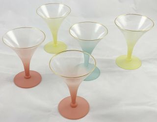 5 Vintage Mid Century Modern Frosted Satin Cocktail Glasses With Gold Trim