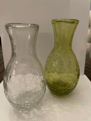 Set Of 2 Vintage Crackle Glass Vases Green And Clear