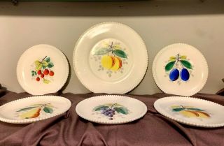 6 Vintage Westmoreland Hand Painted Fruit Milk Glass Plates With Beaded Edge