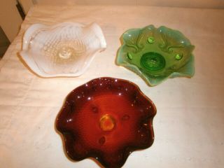 Vintage Ruffled Ruby Red,  Green And White Candy Dish,  Set Of 3