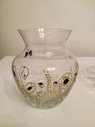 Art Nouveau Floral Design Clear Glass Vase Hand Painted Flowers & Butterflies.