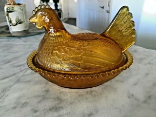 Vintage Gold Amber Carnival Glass - Hen On Nest - Indiana Glass Co.  Chicken