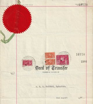 1944 South Africa Deed Of Transfer.  Fine Kgv1 & Bantam Revenues.