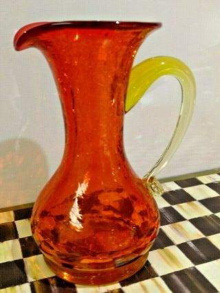 Vintage Orange Yellow Amberina Crackle Art Glass Pitcher Vase
