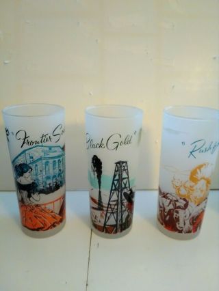 Vintage Frosted Tom Collins Glass American Frontier Scenes - Set Of 3