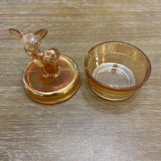 Jeannette Glass Co.  Marigold Iridescent Bambi Deer Fawn Covered Powder Dish