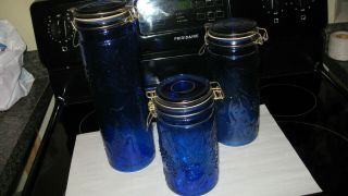 3 - Vtg Cobalt Blue Apothecary Fruit Embossed Jars Kitchen Canisters Storage Set