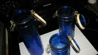 3 - Vtg Cobalt Blue Apothecary Fruit Embossed Jars Kitchen Canisters Storage Set 2