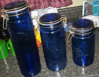 3 - Vtg Cobalt Blue Apothecary Fruit Embossed Jars Kitchen Canisters Storage Set 3