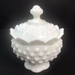 Vintage Fenton Hobnail White Milk Glass Sugar Bowl With Crown Edge & Lid 5 "