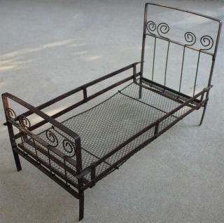 Antique Metal Doll Bed 10 " X 20 " With Twisted Coiled Wire Decoration,  Mesh Base